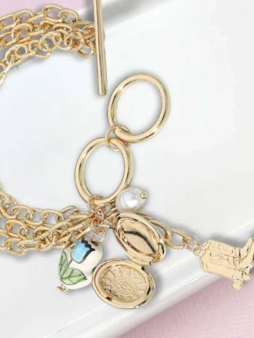 BUNDLE SET STACK of TWO 2 Ceramic Charm Gold Plated Sterling Locket Bracelets
